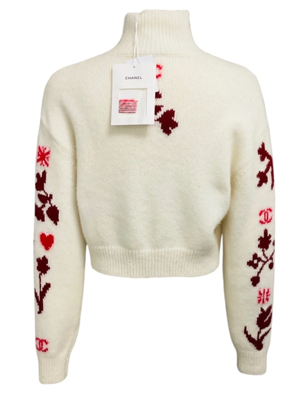 CHANEL IVORY / RED / BURGUNDY INTARSIA CASHMERE KNIT PULLOVER SWEATER WITH CRYST